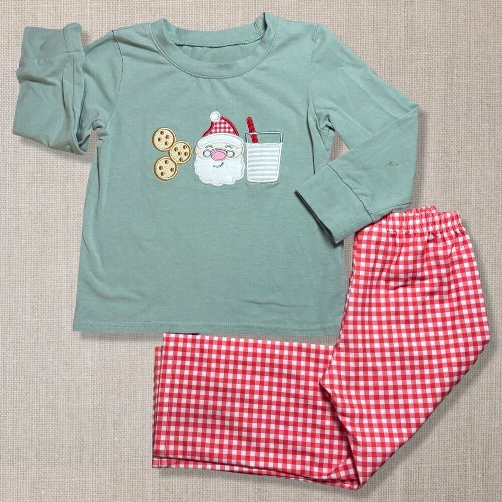 Christmas Outfit Set Age 3 Santa Cookies Milk Gingham Pants Holiday